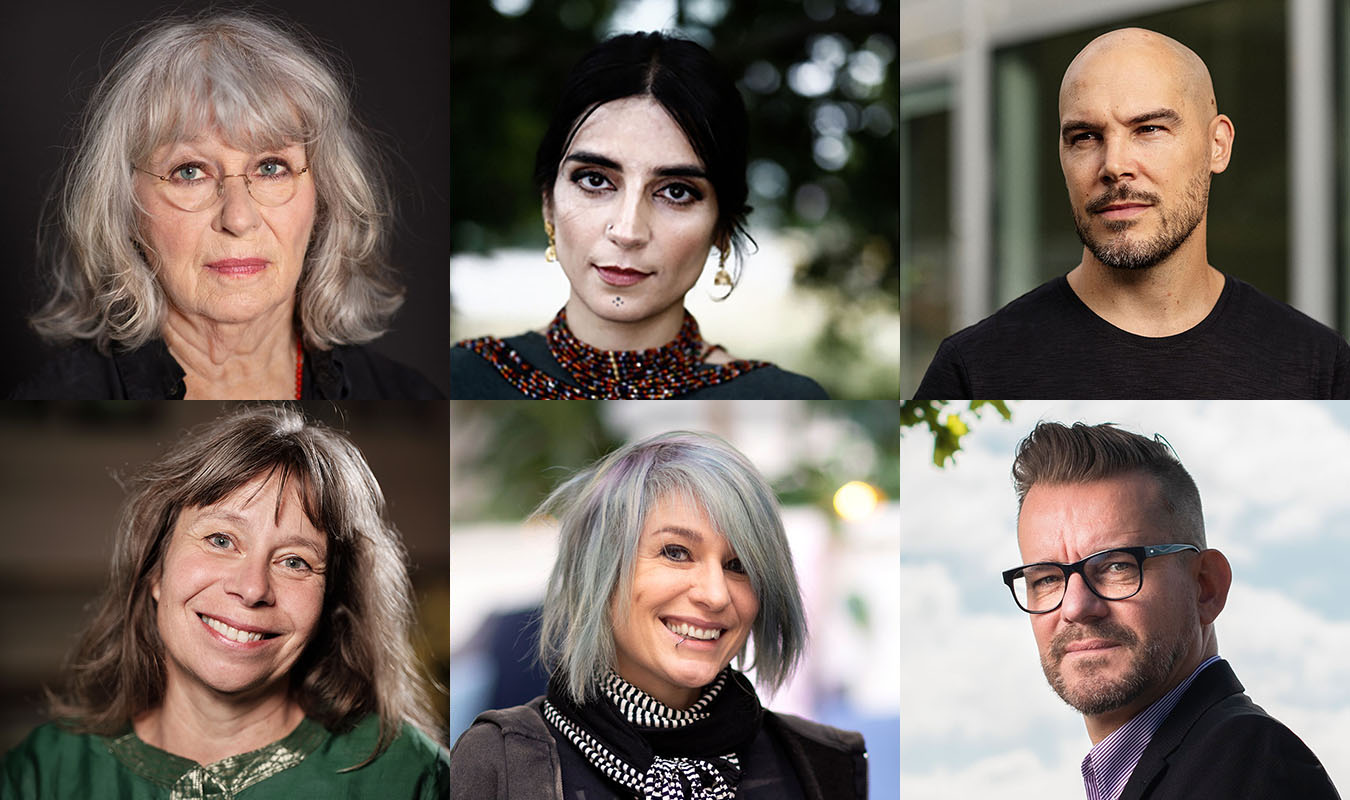 Överst från vänster: Ylva Mårtens, Balsam karam, Nicolas Lunabba. Nedre raden från vänster: Marit Törnqvist, Bobbi Augustine Sand, Bart Moeyaert.
