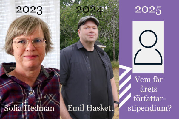 Bildcollage med Sofia Hedman och Emil Haskett som fått tidigare års stipendier, samt en blank ruta för årets mottagare