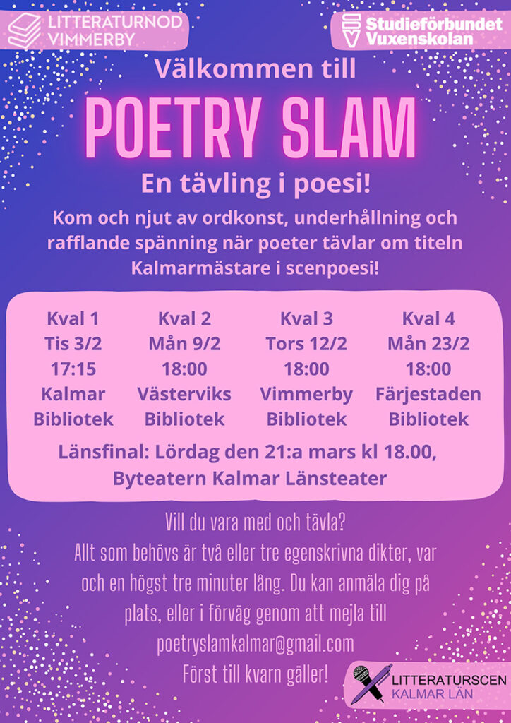 Affisch om Poetry slam med info om orter och datum för deltävlingarna