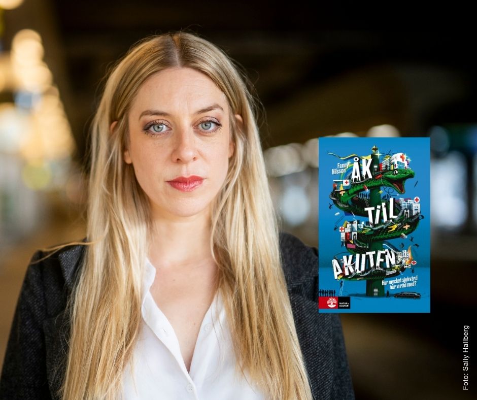 Fanny Nilsson med infällt bokomslag av Åk till akuten