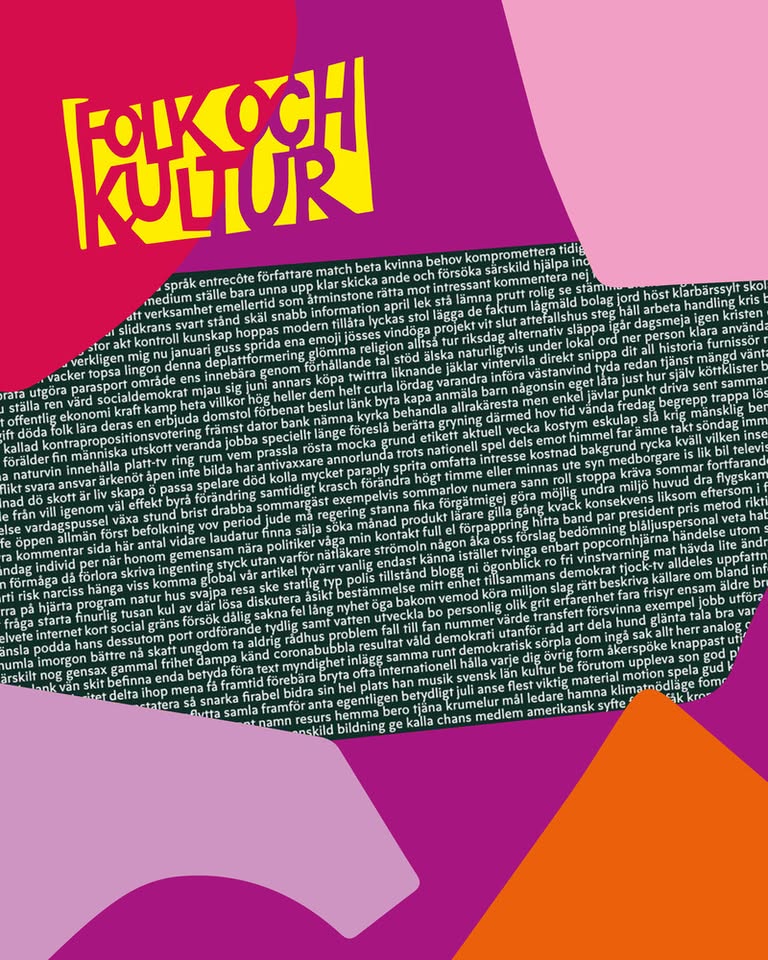 Affisch med logga för Folk och kultur samt vit text på svart bakgrund med mycket liten text som illustration från Språkmuseet