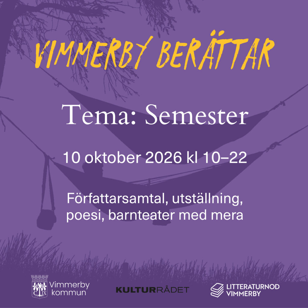 Lila kvadrat med infotext om tid och plats för VImmerby berättar, i bakgrunden syns två hängmattor.