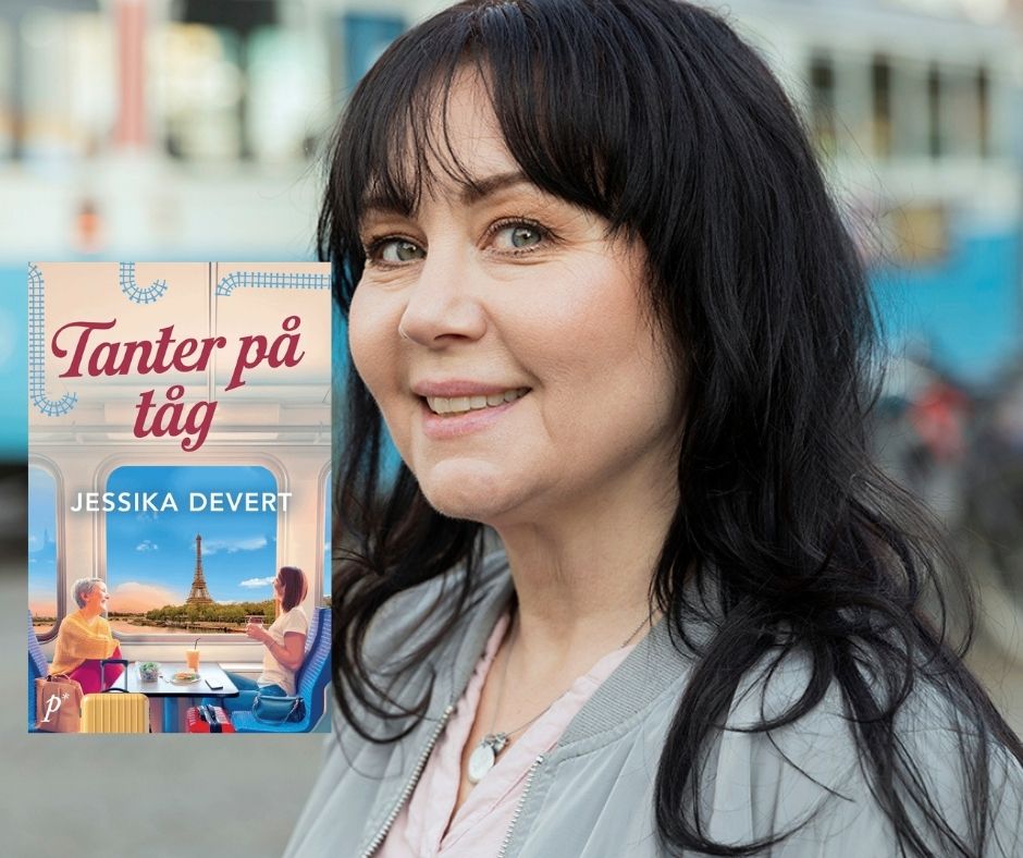 Portättbild Jessika Devert med bokomslaget till Tanter på tåg infällt till vänster